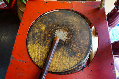 High angle view of a chinese drum at a shrine