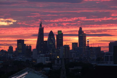 City skyline against orange sky