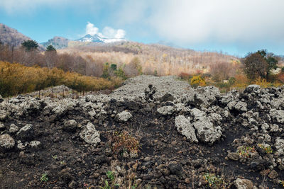 Scenic view of mountains against cloudy sky