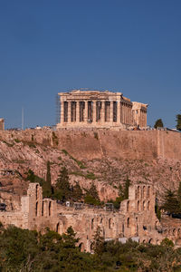 Low angle view of old ruins against clear blue sky