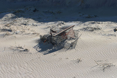 High angle view of a lobster trap washed up on a beach after a storm