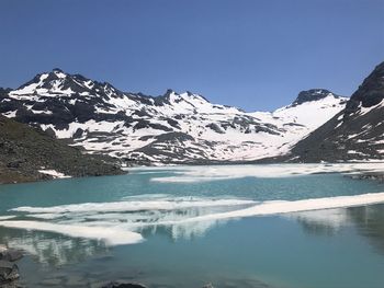 Scenic view of snowcapped mountains against clear blue sky