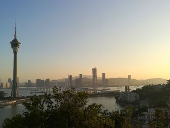 City buildings against sky during sunset