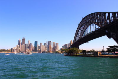 Scenic view of sea by buildings against clear sky