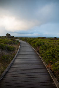 Boardwalk leading towards landscape against sky