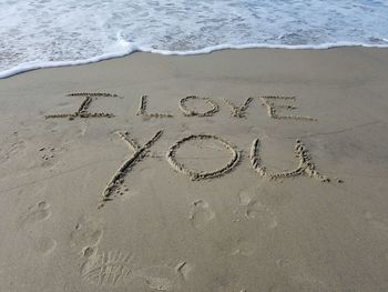 High angle view of text on beach