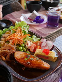 High angle view of food served on table