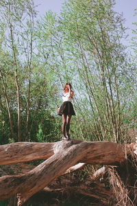 Full length of young woman standing on fallen tree at forest
