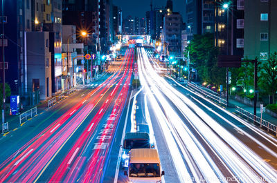 High angle view of light trails on city street