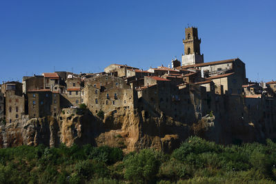 Low angle view of old building against clear blue sky