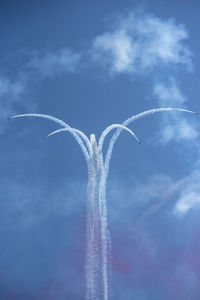 Low angle view of airplane flying against sky