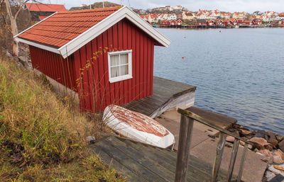 Houses by lake against buildings