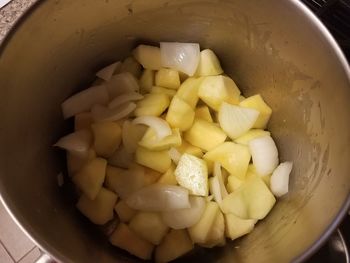 High angle view of chopped vegetables in bowl