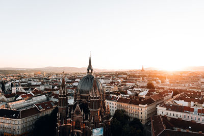 High angle view of cityscape against sky during sunset