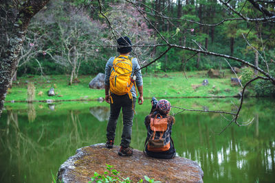 Rear view of man standing in forest
