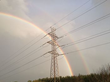 Low angle view of electricity pylon against rainbow in sky