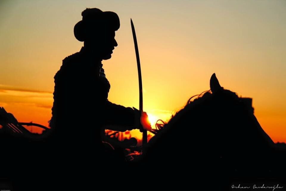 sunset, silhouette, orange color, sun, sky, lifestyles, men, leisure activity, togetherness, bonding, sitting, mammal, standing, domestic animals, person, nature, three quarter length