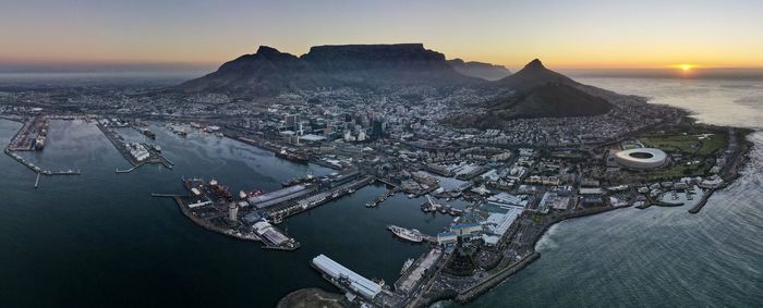 High angle view of cape town townscape against sky during sunset