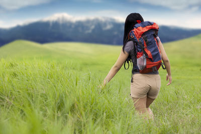 Rear view of female hiker walking on grassy field