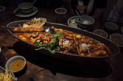 High angle view of food served on table