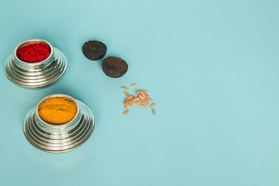 High angle view of food on table against blue background