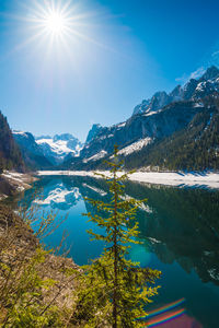 Scenic view of lake and mountains against sky