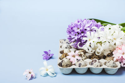 Close-up of purple flowers on white table