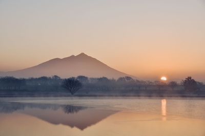 Scenic view of lake against sky during sunset