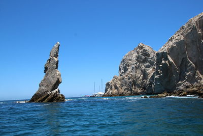 Rock formations in sea against clear blue sky