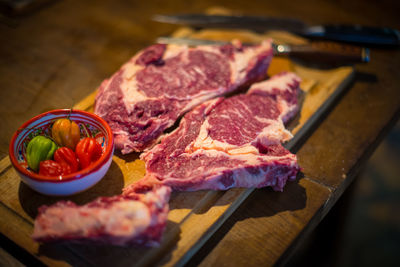 High angle view of food served on table