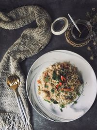 High angle view of food in plate on table