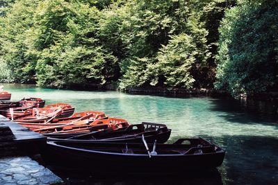 Boats moored in lake against trees