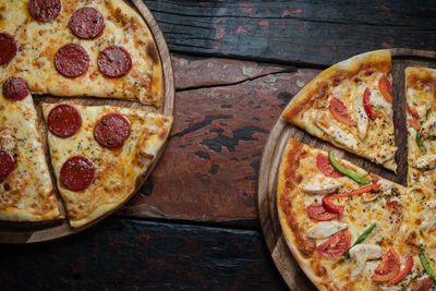 High angle view of pizza on table