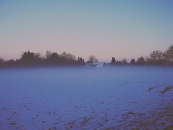 Trees on landscape against clear sky