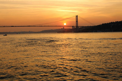 View of suspension bridge at sunset