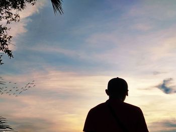 Rear view of silhouette man standing against sky during sunset