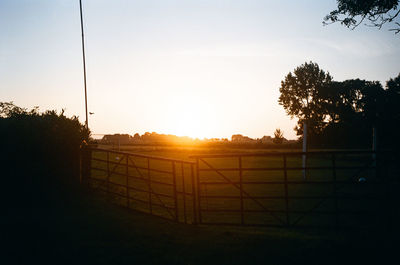 Silhouette trees on field against sky during sunset