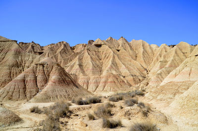 Scenic view of arid landscape against clear blue sky