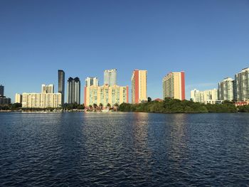 Buildings by river against clear blue sky