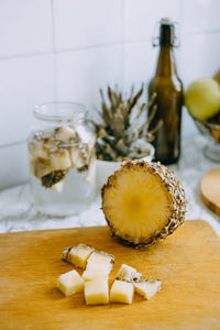 Fermented pineapple kombucha drink tepache. cooking process of homemade probiotic superfood 