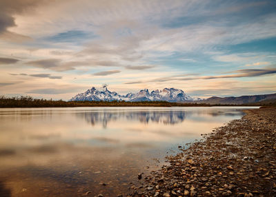 Scenic view of lake against sky during sunset