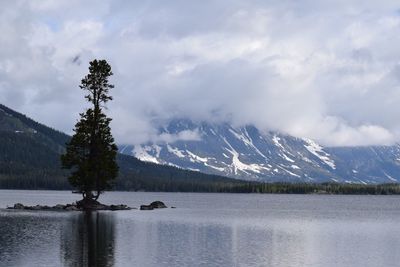 Scenic view of snowcapped mountains and lake against cloudy sky