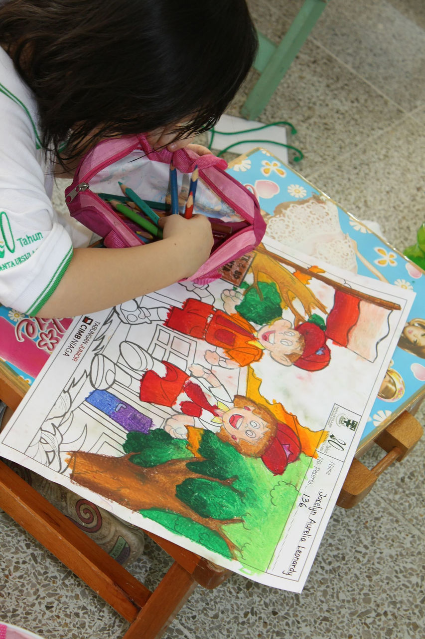 HIGH ANGLE VIEW OF GIRL AND BOOK ON PAPER