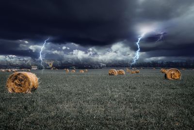 Thunderstorm over agricultural field against sky