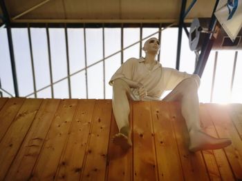 Male model puppet sitting on a wooden cabin, frog perspective