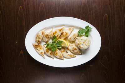 High angle view of food served on table