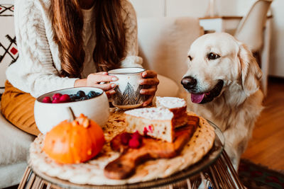 Midsection of woman doing breakfast with dog at home
