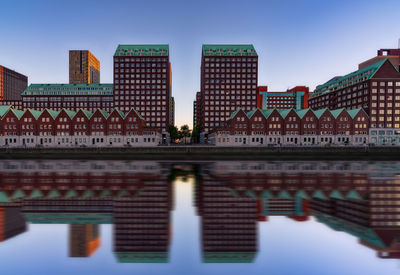 Buildings reflecting on river in city against sky during sunset