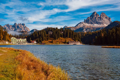 Scenic view of lake and mountains against sky