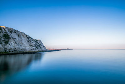 Scenic view of sea against clear blue sky